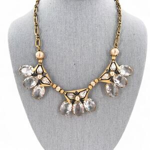 J Crew Clear Rhinestone Triad Statement Necklace Antique Brass